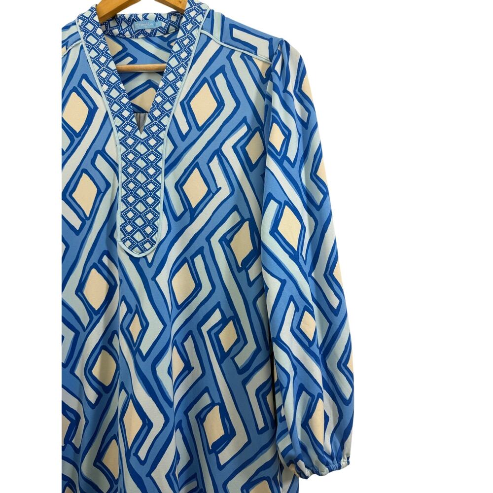 J McLaughlin Emer Dress M Blue Geo Print V-Neck 3/4 Sleeve Midi Casual Resort - Picture 5 of 9